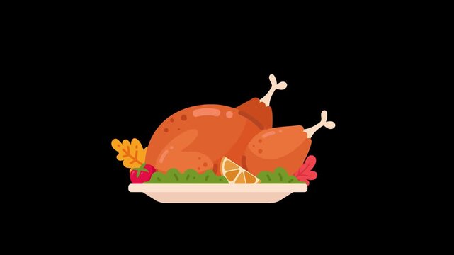Cartoon style roasted fowl dinner with vibrant garnish, ideal for autumn and Thanksgiving feasts