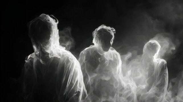 Ghostly ethereal figures dissolving into smoke on dark background, digital art
