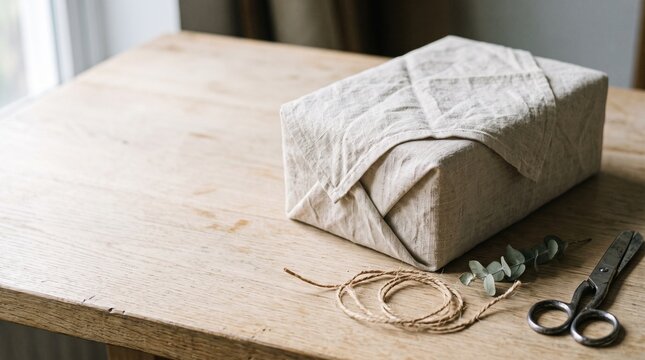 Fabric-Wrapped Parcel with Twine, Scissors and Eucalyptus