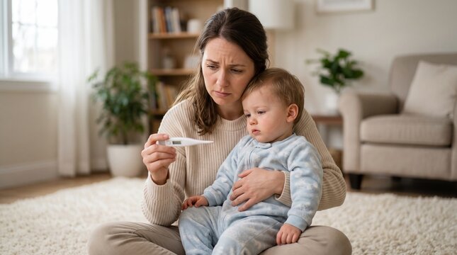 Mother Holding Sick Child Checking Digital Thermometer Temperature for Fever Treatment at Home
