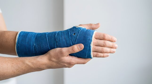 Person Supporting Broken Arm Wrapped in Blue Medical Cast Indoor Studio Background