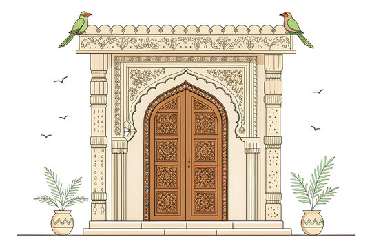 Indian doorway with carved parrots, flat vector illustration, clean outlines, isolated on white.
