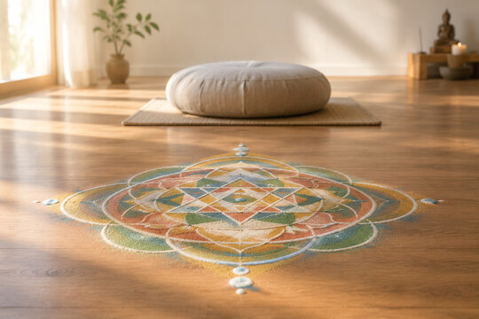 A sacred geometric pattern drawn with colored powders on a wooden floor.