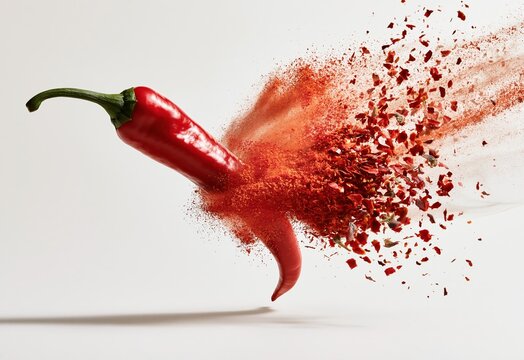 Red chili pepper exploding with spice powder