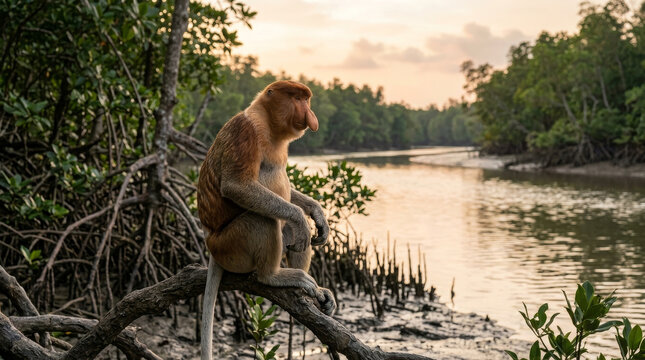 Proboscis monkey sitting by a river. Nasalis larvatus primate in a tropical mangrove forest.