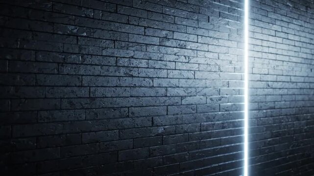 Glowing blue laser beam sweeping across dark textured brick wall in smooth rhythmic motion for modern digital background video clip