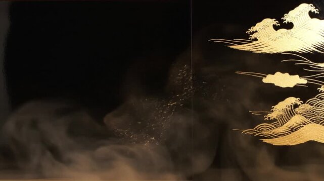 White mist and golden dust drifting over traditional Japanese gold maki-e wave lacquerware