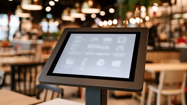 Digital kiosk screen in blurred restaurant interior