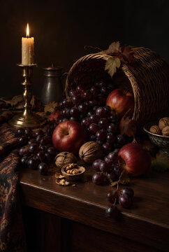 Autumn Harvest Still Life Grapes Apples Walnuts with Candlelight
