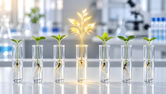 Biotechnology innovation and agriculture growth concept featuring a glowing golden plant thriving among regular plants in test tubes