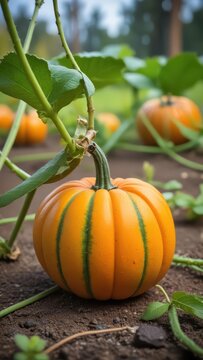 Closeup of a fresh Labu pumpkin growing on the ground with its climbing vines wrapped around it