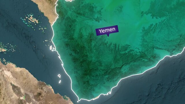 Satellite map zoom in on Bab al Mandab strait Yemen and Red Sea geopolitical animated map concept.
