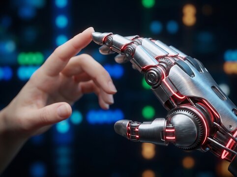 A human hand gently touches a metallic robotic hand with glowing red accents against a blurred background artificiality automation bionics