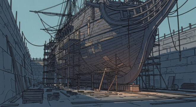 Large wooden sailing ship undergoing restoration inside a dry dock featuring complex scaffolding and muted cool tones under bright daylight