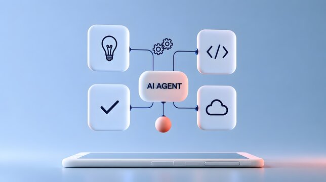 Smart technology workflow diagram concept with AI Agent central hub integrating idea gear coding and cloud service modules