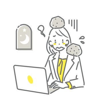 頭痛や肩こりに悩まされる残業中の女性　シンプルでお洒落な線画イラスト