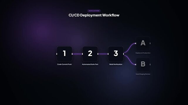 CI/CD deployment workflow step diagram animation. Modern DevOps software flow UI presentation. Automated suite testing pipeline visual element. Multi step branching node interface template