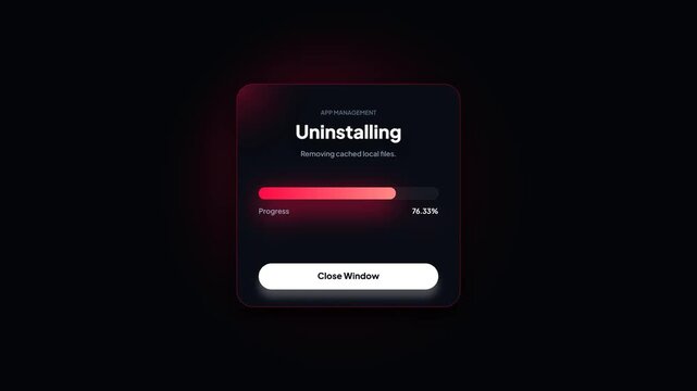 App uninstallation screen loading animation modal. Software deletion progress bar graphic. Application management interface overlay. Dark UI system status window. Clean tech layout component.