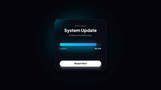System update loading bar animation dialog box. Modern dark application maintenance status card. System service fix progress popup component.Futuristic software upgrade progress widget