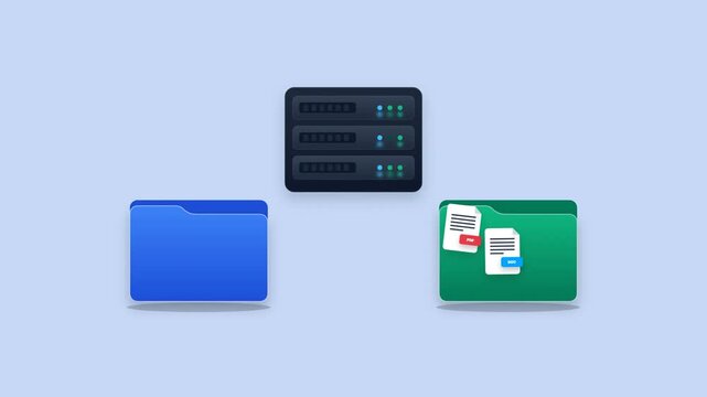 Data transfer animation between server and folders. Files moving automatically from blue folder to server array and green folder on light blue background: cloud storage, backup concept