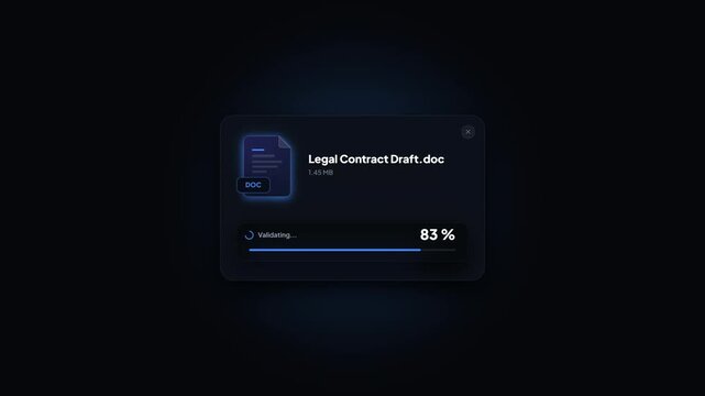 Animated document upload progress modal. Dark UI file validation box. Legal contract upload loading bar. Modern software interface popup. Document processing element. Digital file manager UI