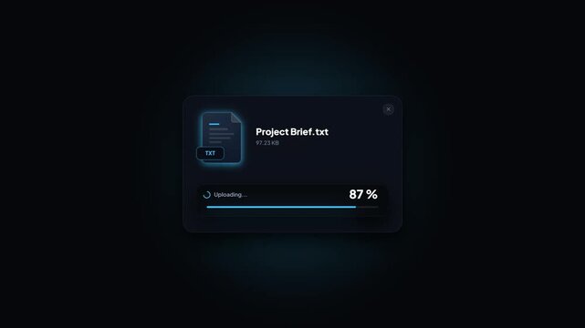 Animated file upload UI status. Glowing progress bar widget animation. Cloud storage and File transfer process window. Modern application popup interface. Futuristic dashboard graphic element.