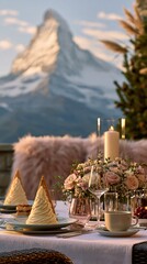 Obraz premium Luxurious mountain dining table set with flowers and