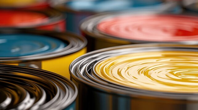 Colorful open paint cans displaying vibrant liquid