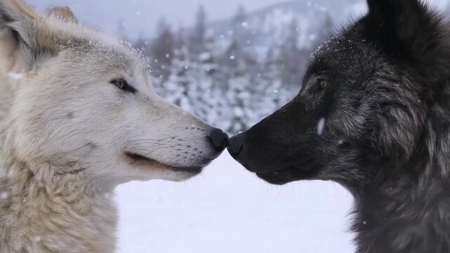 Close-up video of two wolves facing each other in snowy landscape, eye-level angle.