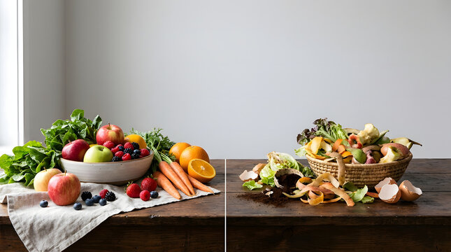 Comparison of fresh organic produce and kitchen food waste in bowls on a wooden table.