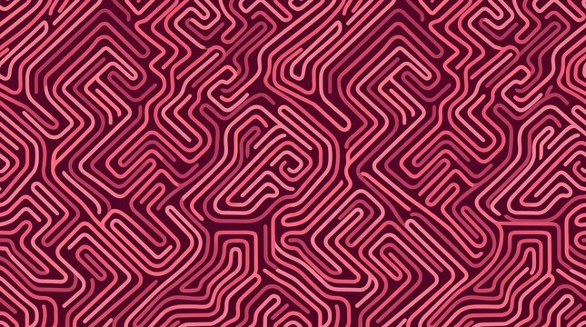 Abstract seamless maze pattern with interlocking rounded lines in burgundy, deep red, and coral pink. Symmetrical geometric labyrinth design for background and textile textures.