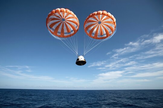 Space capsule descends with orange parachutes over ocean