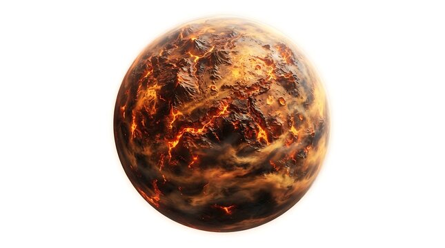 Volcanic planet surface with molten lava flows and rugged terrain