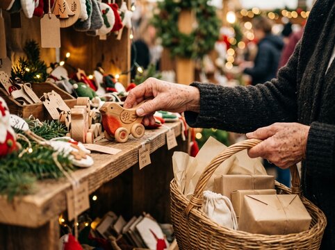 Woman Shopping for Wooden Toys at Christmas Market