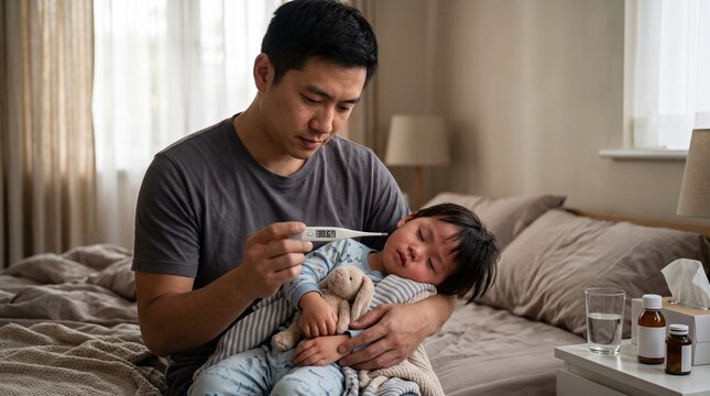 Father Checking Fever of Sick Toddler Child with Digital Thermometer in Bedroom for Healthcare Parenting Concepts