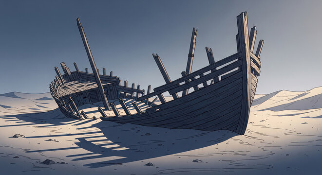 Weathered wooden shipwreck resting deeply within vast desert sand dunes under clear blue sky shown in artistic comic book style