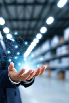 Businessman holding glowing network nodes in warehouse