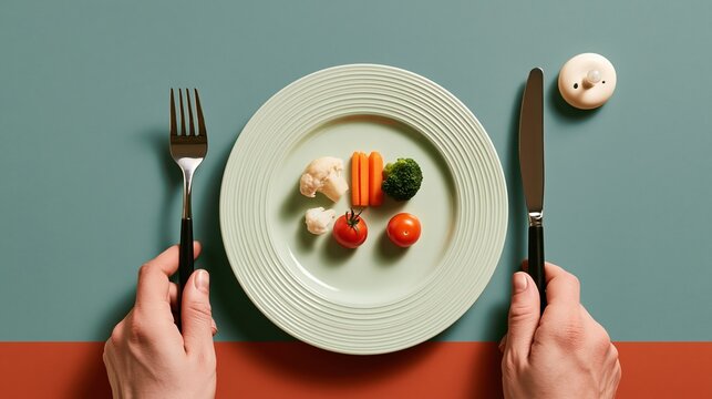 Minimalist plate with small portion of vegetables held