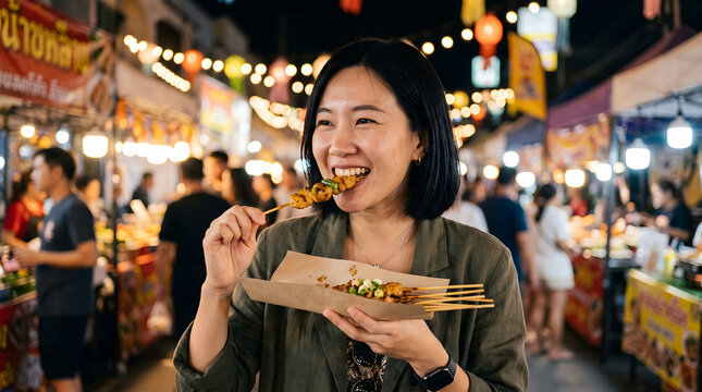 Happy Asian woman eating delicious grilled meat skewers at a bustling night market street