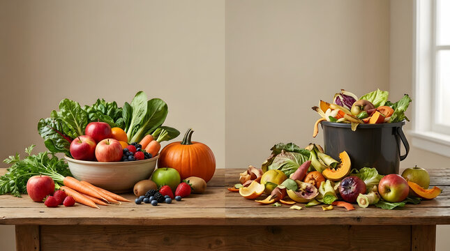 Comparison of fresh organic produce in a bowl versus food scraps in a compost bin on a wooden table.