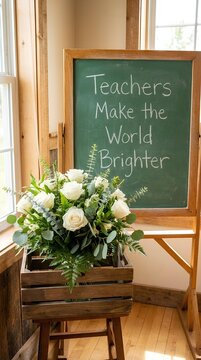 Chalkboard with inspirational quote and white roses in a wooden crate for teacher appreciation.