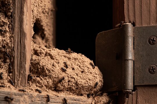 Termites swarm inside damaged wooden structure near hinge