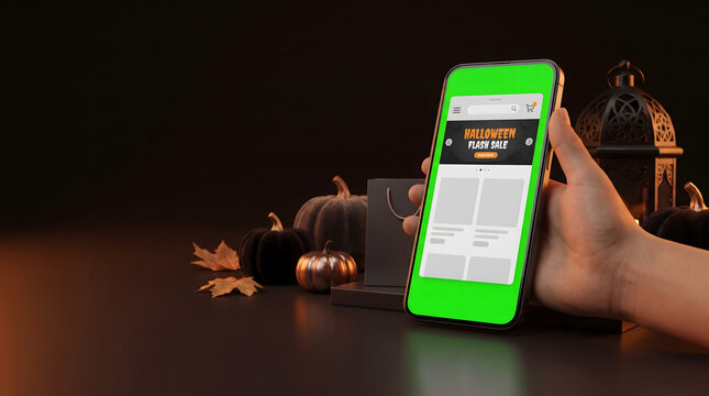 Experience effortless digital Halloween shopping A hand holds a smartphone with a blank green screen, ready for personalized content, surrounded by festive autumn decor and seasonal elements