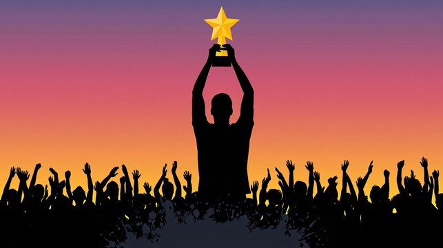 Winner silhouette holding champion trophy high, cheering crowd celebration, orange purple gradient background, success victory honor concept illustration