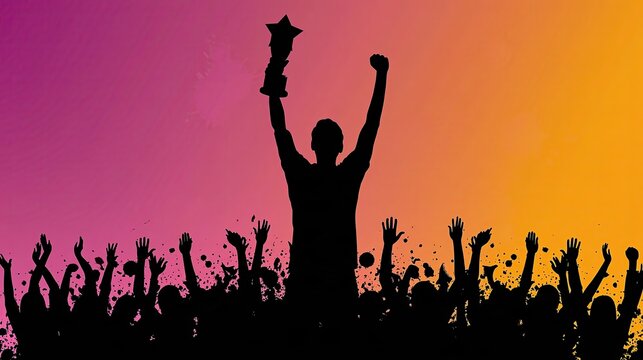 Winner silhouette holding champion trophy high, cheering crowd celebration, orange purple gradient background, success victory honor concept illustration
