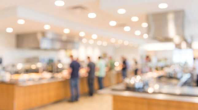 Blurred cafeteria scene with people queuing for food at modern buffet station.