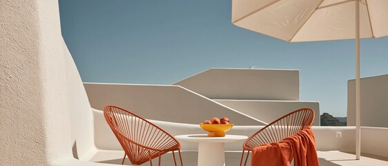 Obraz premium Terrace with chairs and fruit bowl under umbrella