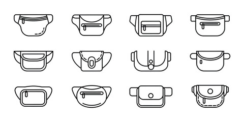 Waist bag icons, set of outline belt bags, travel accessories, fashion storage pouches, wearable handbags, compact utility accessories, vector graphic © FORIDUL 10