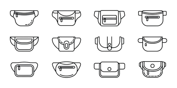 Waist bag icons, set of outline belt bags, travel accessories, fashion storage pouches, wearable handbags, compact utility accessories, vector graphic