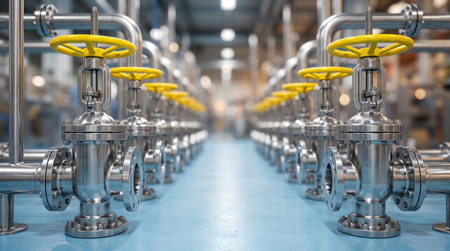 Industrial stainless steel gate valves with yellow hand wheels for flow control.